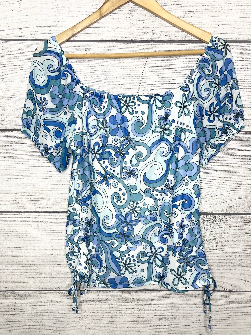 Retro Blue Floral Off-Shoulder Cinched Side Casual Blouse Top Size XL